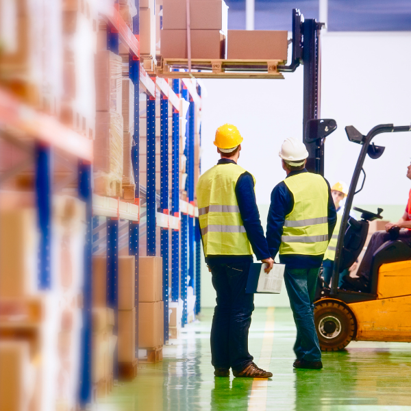 Three workers in a warehouse